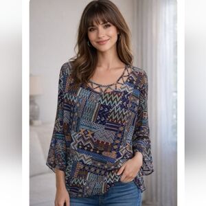 JohnPaulRichard Blue & Brown Geometric Boho Blouse | Size Large | Bell Sleeves